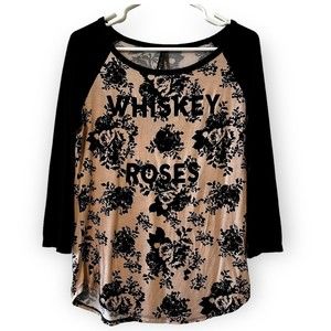 Luna Chix Women’s Medium Black Dusty Pink Rose Whiskey Roses Raglan Burnout Tee
